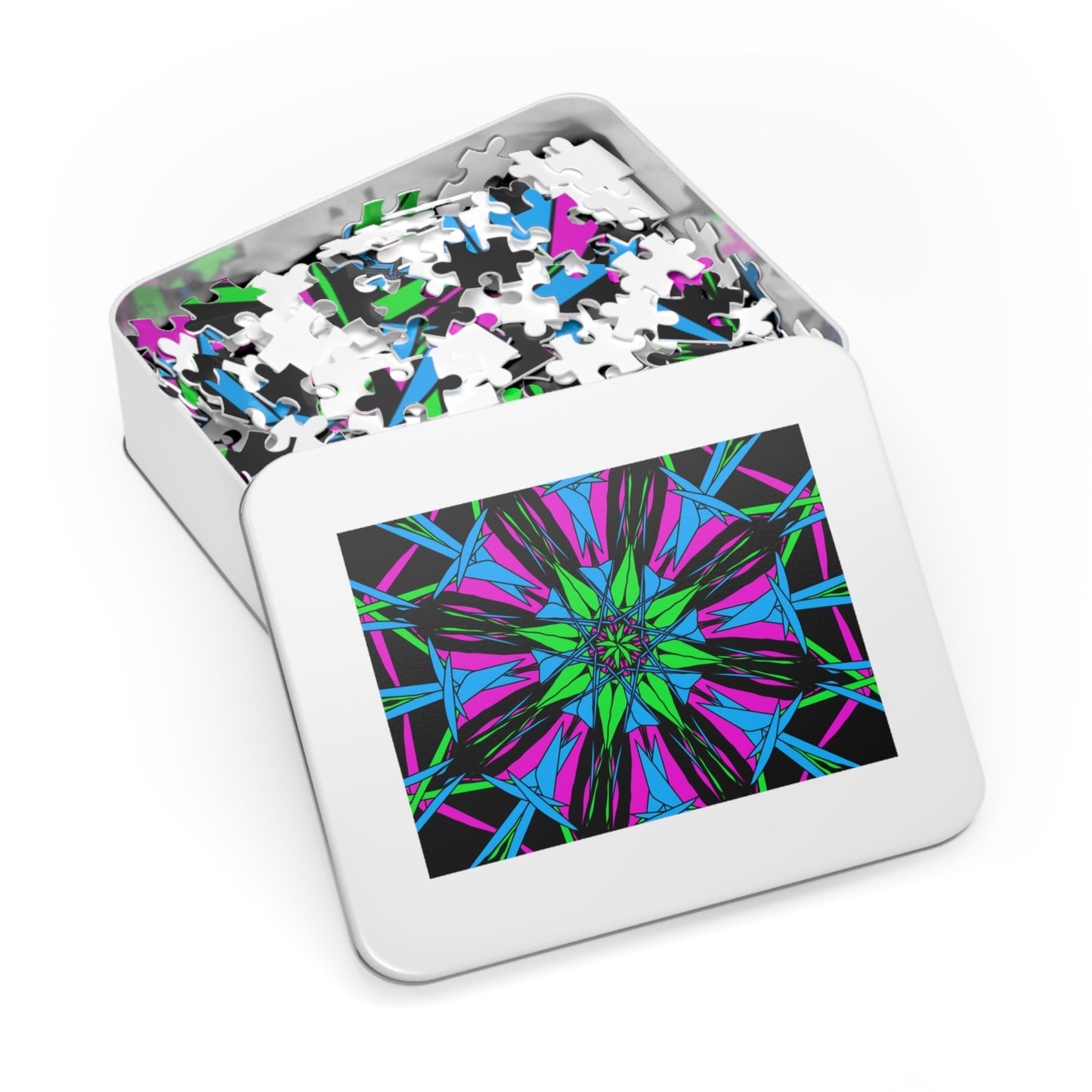Vibrant Kaleidoscope Jigsaw Puzzle with Tin, Fun Family Activity, Colorful Home Decor, Unique Gift Idea, Mindfulness Stress Relief