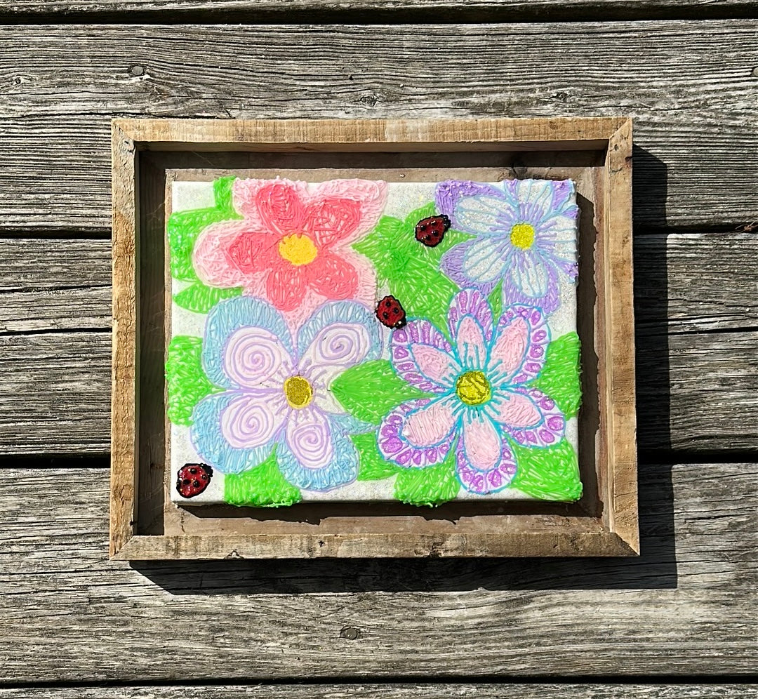 Floral art piece with wooded frame