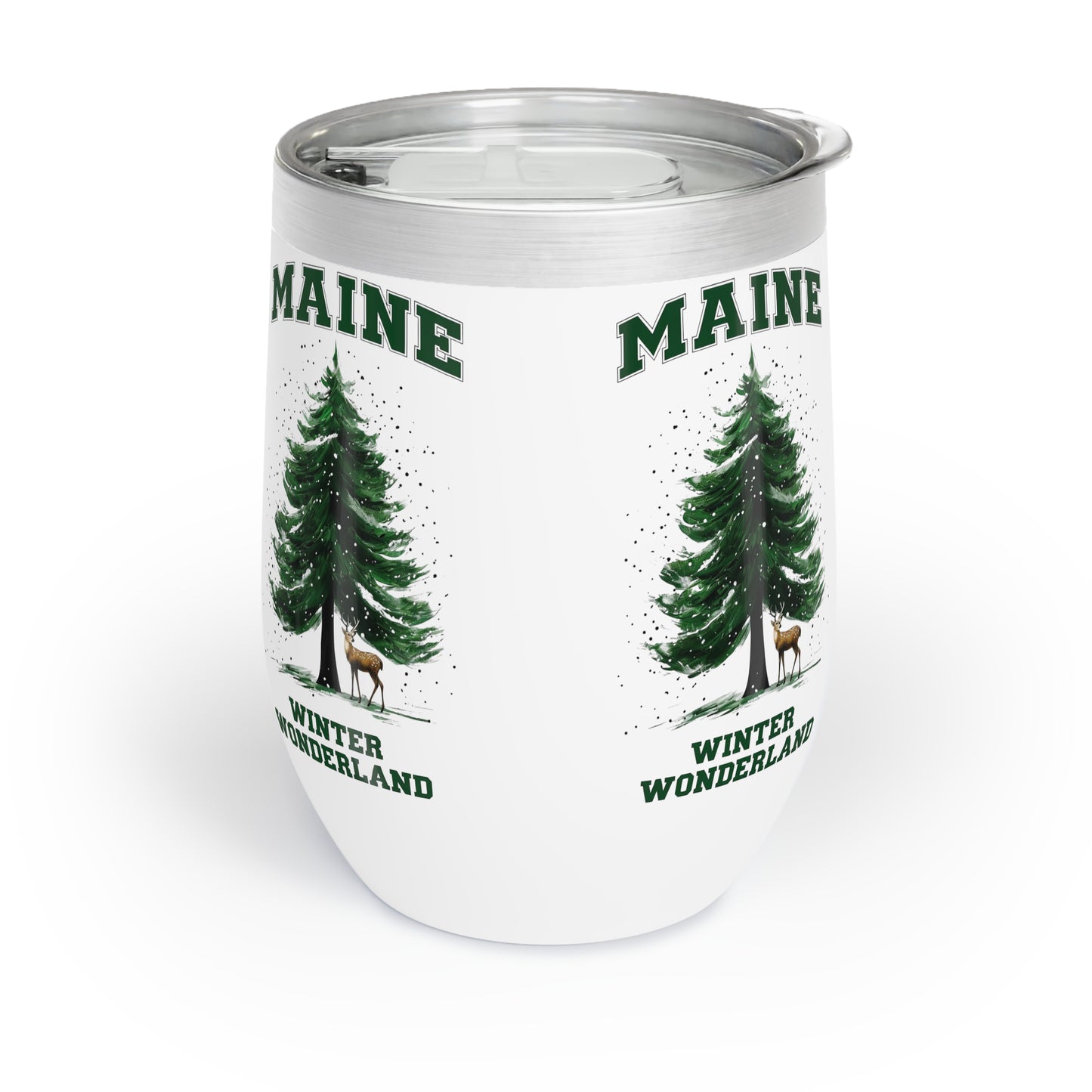 Wine Tumbler, Maine Winter Deer Outdoor Pine Tree, Holiday Gift, Christmas Present, Stainless Steel Cup, Travel Mug