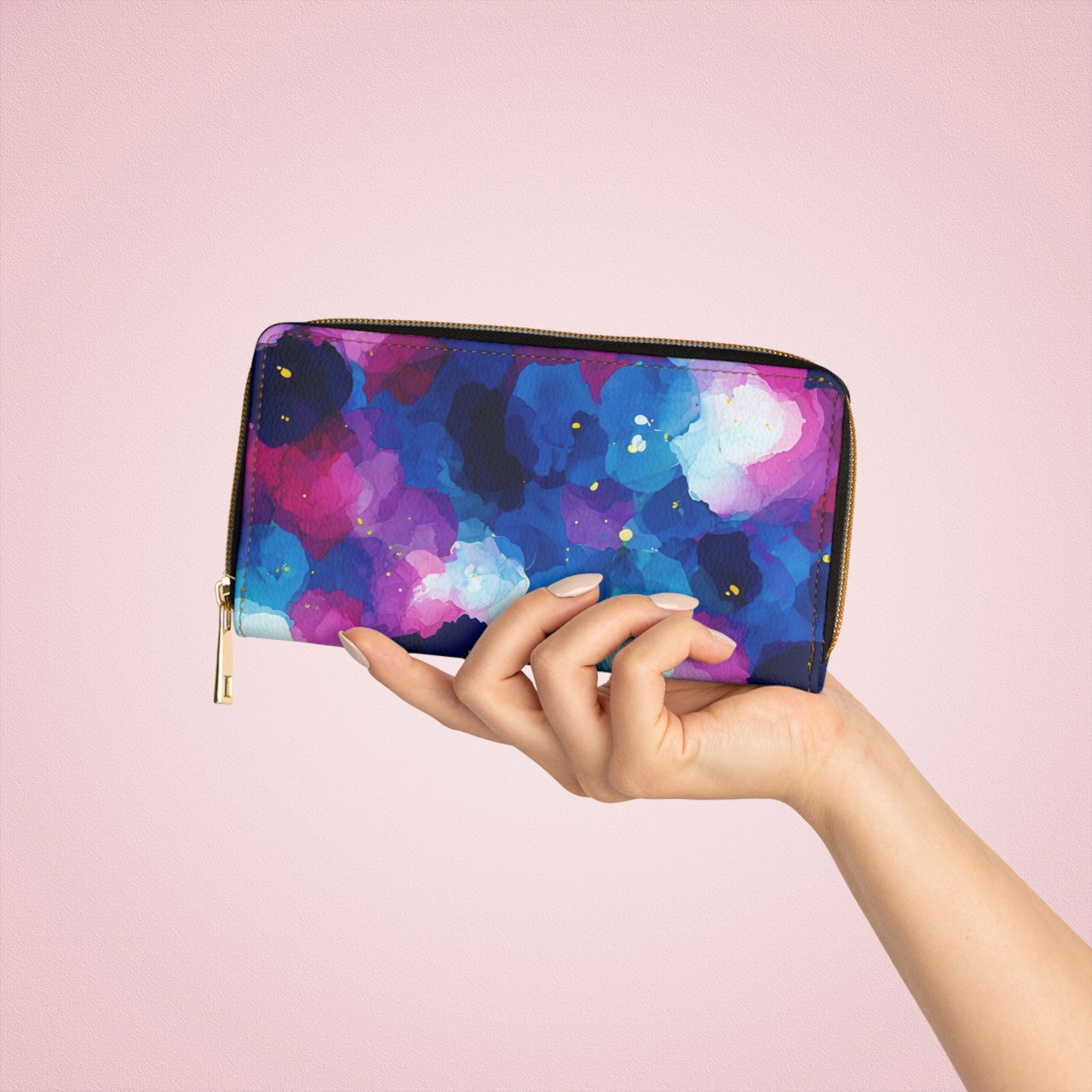 Zipper Wallet - Blue Tone Watercolor Floral Design