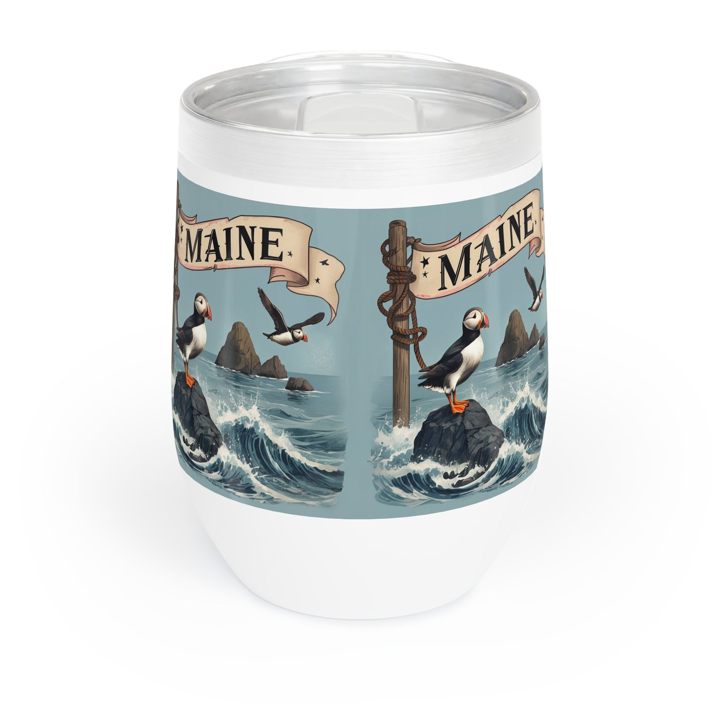 Puffin Maine Wine Tumbler, Coastal Bird Lover Gift, Nautical Animal Print Cup, Sea Life Travel Mug, Beach House Decor, Cute Puffin Drinkware