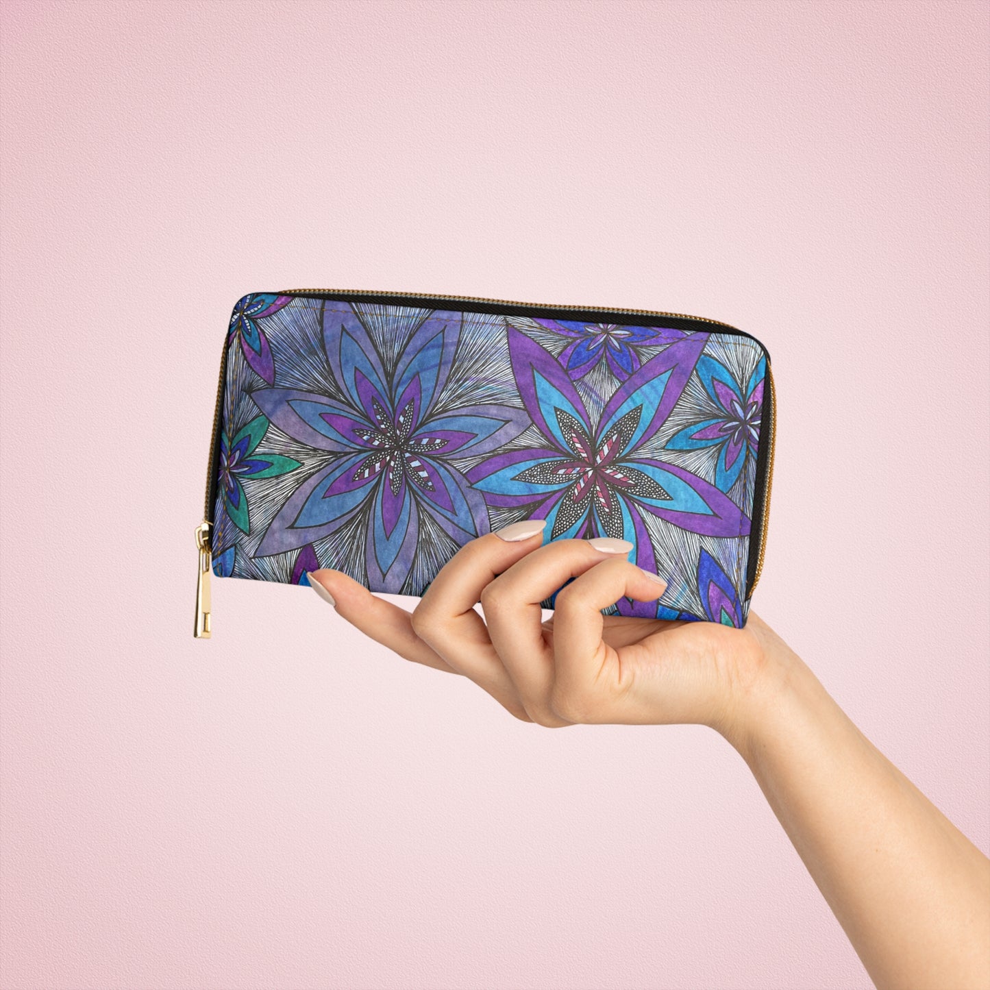 Zipper Wallet Hand Drawn Floral Print Abstract