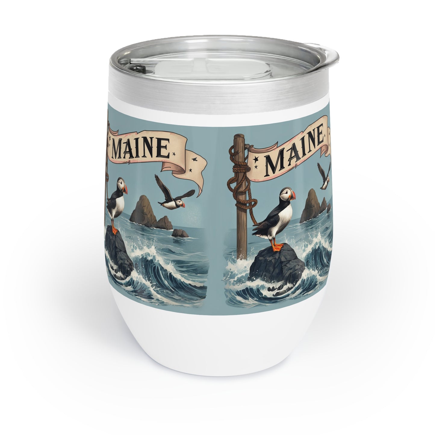 Puffin Maine Wine Tumbler, Coastal Bird Lover Gift, Nautical Animal Print Cup, Sea Life Travel Mug, Beach House Decor, Cute Puffin Drinkware