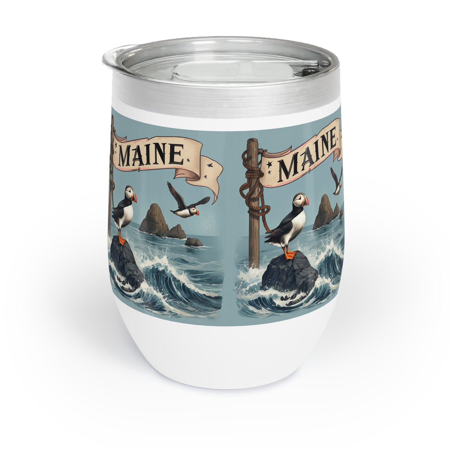 Puffin Maine Wine Tumbler, Coastal Bird Lover Gift, Nautical Animal Print Cup, Sea Life Travel Mug, Beach House Decor, Cute Puffin Drinkware