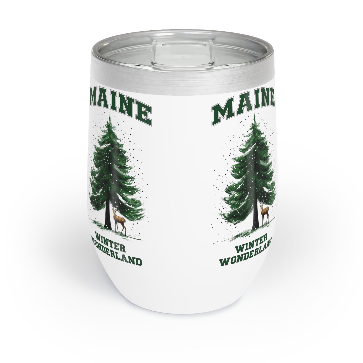 Wine Tumbler, Maine Winter Deer Outdoor Pine Tree, Holiday Gift, Christmas Present, Stainless Steel Cup, Travel Mug