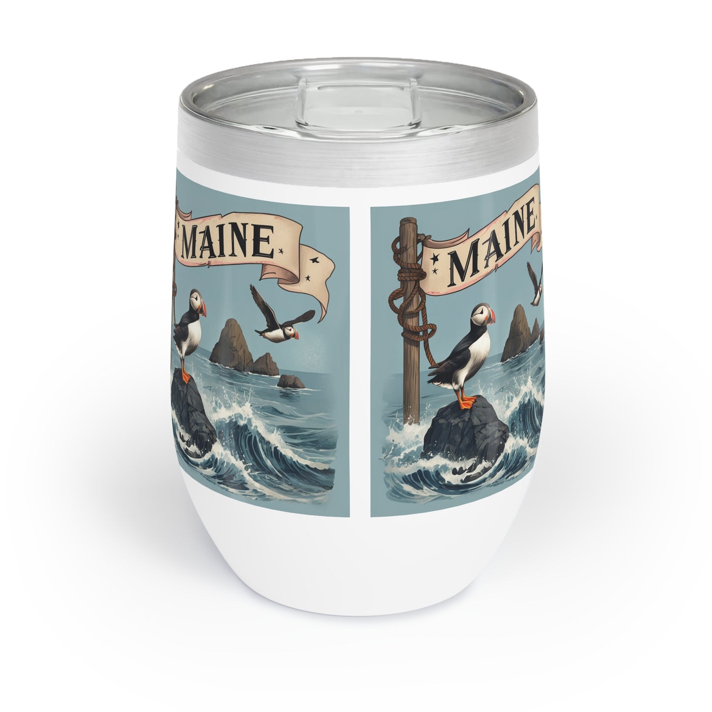 Puffin Maine Wine Tumbler, Coastal Bird Lover Gift, Nautical Animal Print Cup, Sea Life Travel Mug, Beach House Decor, Cute Puffin Drinkware