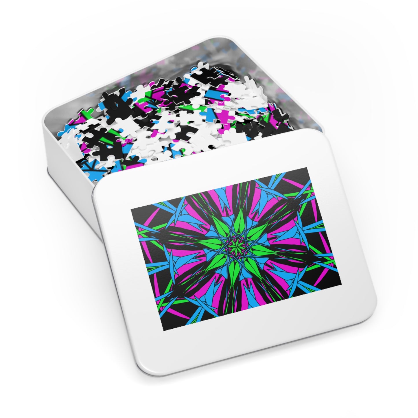 Vibrant Kaleidoscope Jigsaw Puzzle with Tin, Fun Family Activity, Colorful Home Decor, Unique Gift Idea, Mindfulness Stress Relief