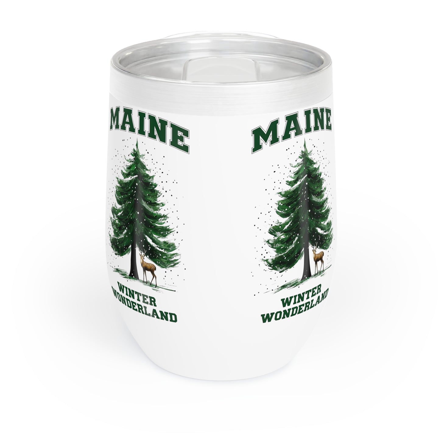 Wine Tumbler, Maine Winter Deer Outdoor Pine Tree, Holiday Gift, Christmas Present, Stainless Steel Cup, Travel Mug