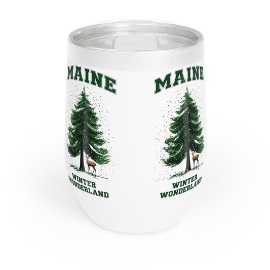 Wine Tumbler, Maine Winter Deer Outdoor Pine Tree, Holiday Gift, Christmas Present, Stainless Steel Cup, Travel Mug