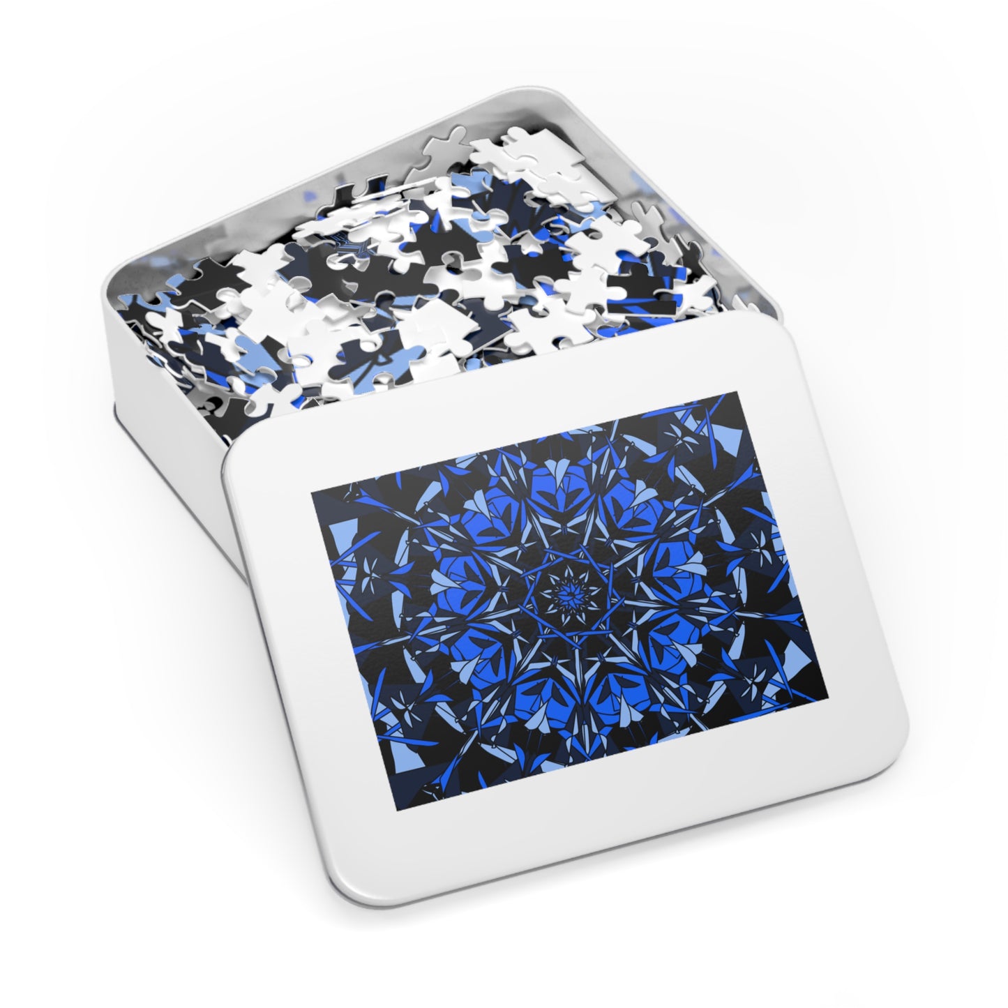 Blue Floral Jigsaw Puzzle with Decorative Tin, Relaxing Family Activity, Game Night Essential, Gift for Puzzle Lovers, Home Decor