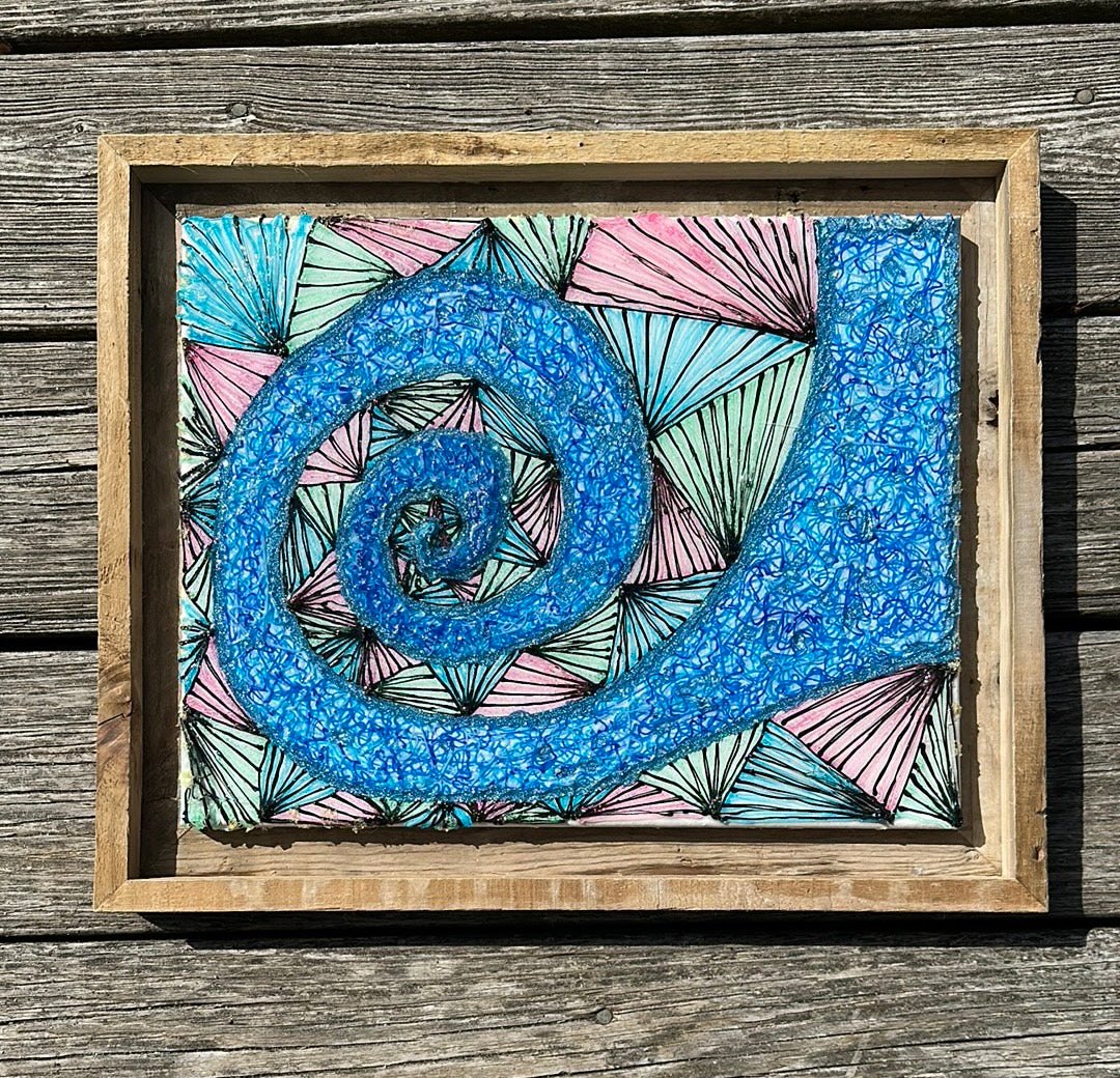 Abstract 3D pen spiral art in blue and pink framed