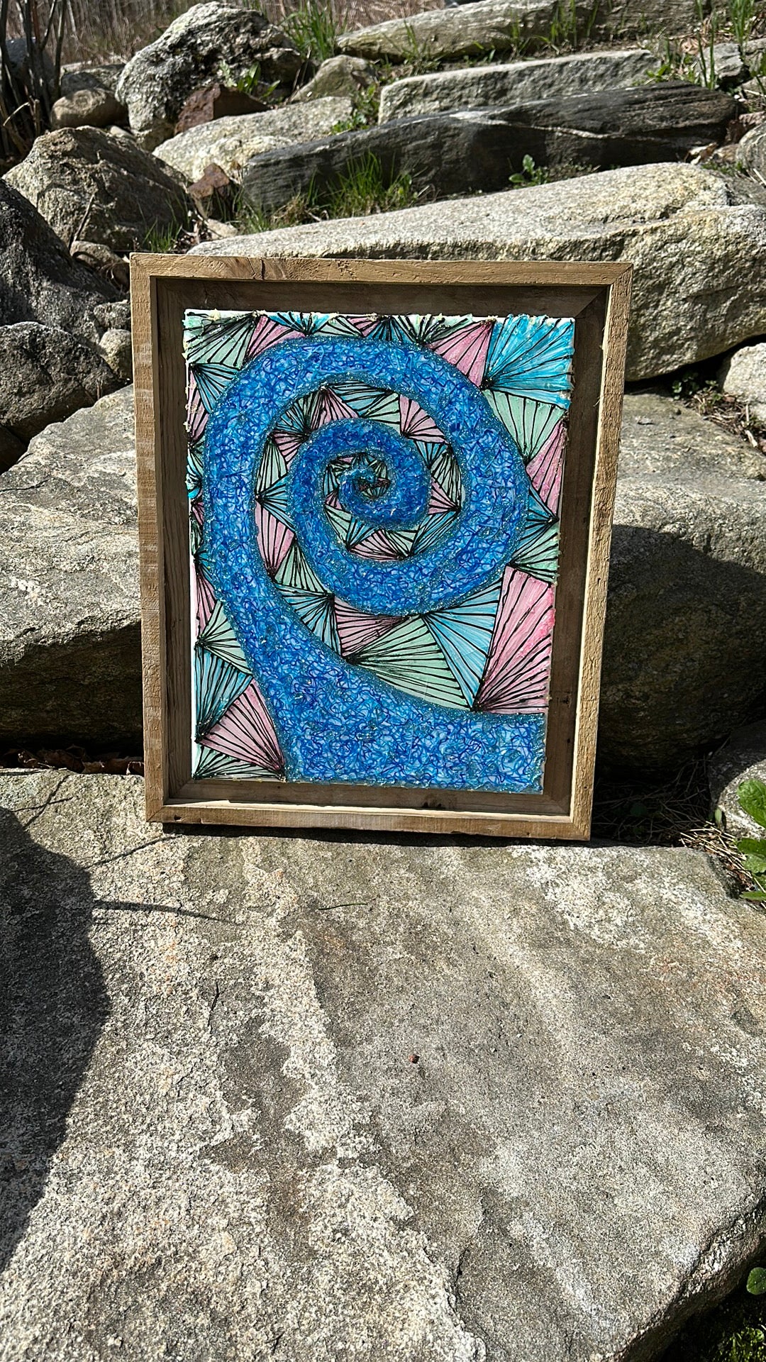 Abstract 3D pen spiral art in blue and pink framed