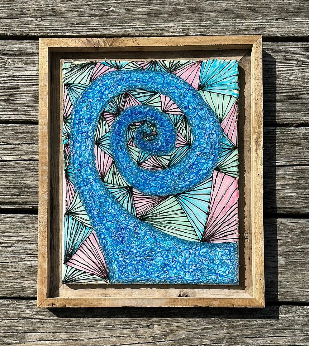 Abstract 3D pen spiral art in blue and pink framed